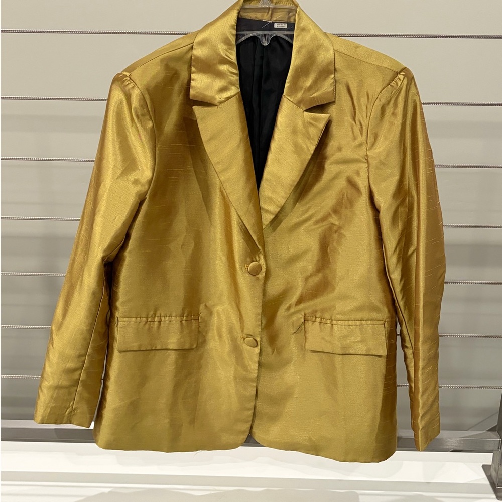 Chendayi -Gold Satin Blazer Jacket • Metallic Statement Evening Party Chic 💛 - Picture 5 of 7